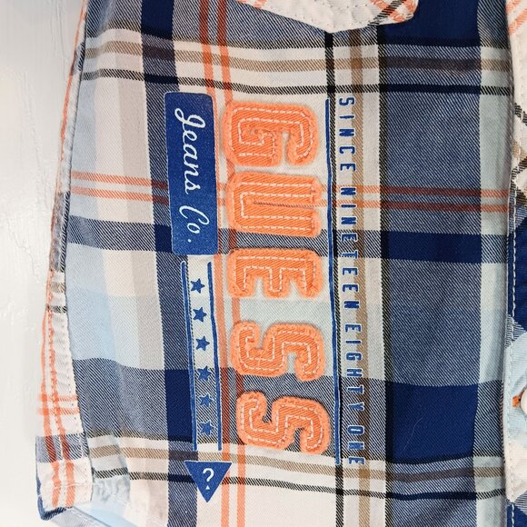 Guess NWOT Boy's Blue Orange Plaid Button Down Short Sleeve Shirt Size 18M - Picture 15 of 16